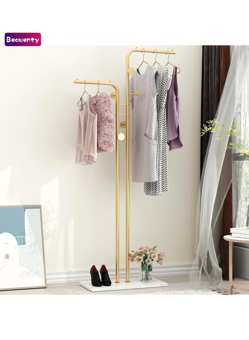 Beauenty Double-pole Metal Coat Rack, Gold Coat Rack Freestanding with 5 Hooks and Marble Base, Gold Clothing Rack, Modern Coat Hanger Stand for Entryway, Living Room, Bedroom - Image 1